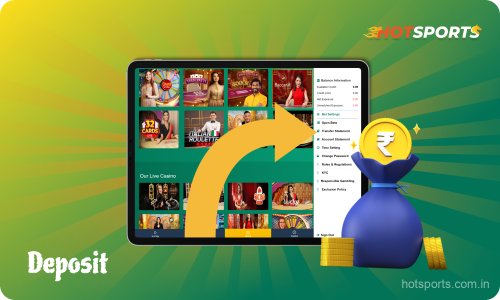 To play on the HotSports platform for real money, Indian users need to make a deposit into their account through any payment system convenient for them.